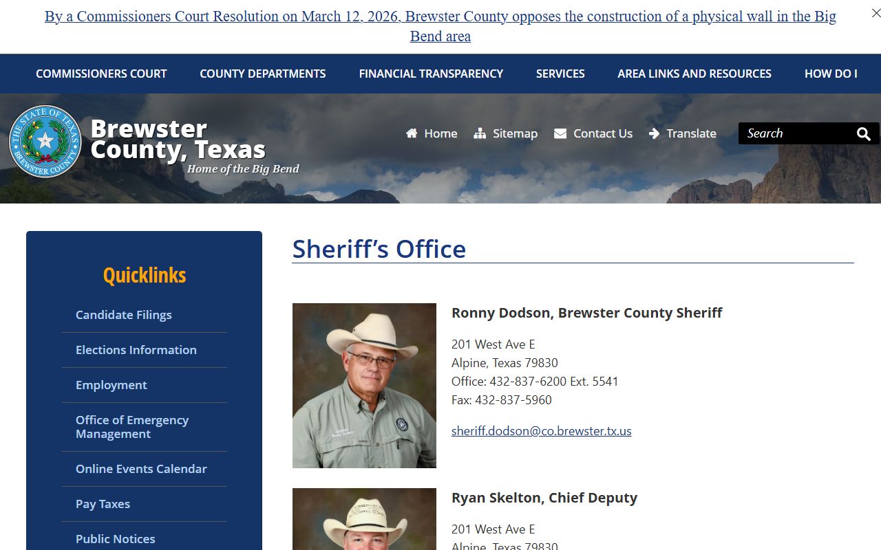 Brewster County Jail inmate roster and jail administrator contact page
