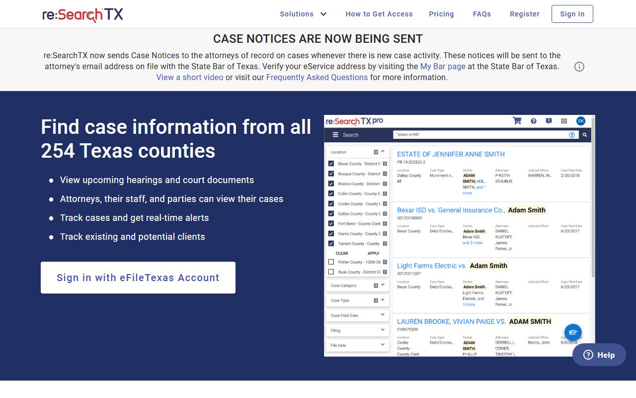 re:SearchTX statewide court records search interface