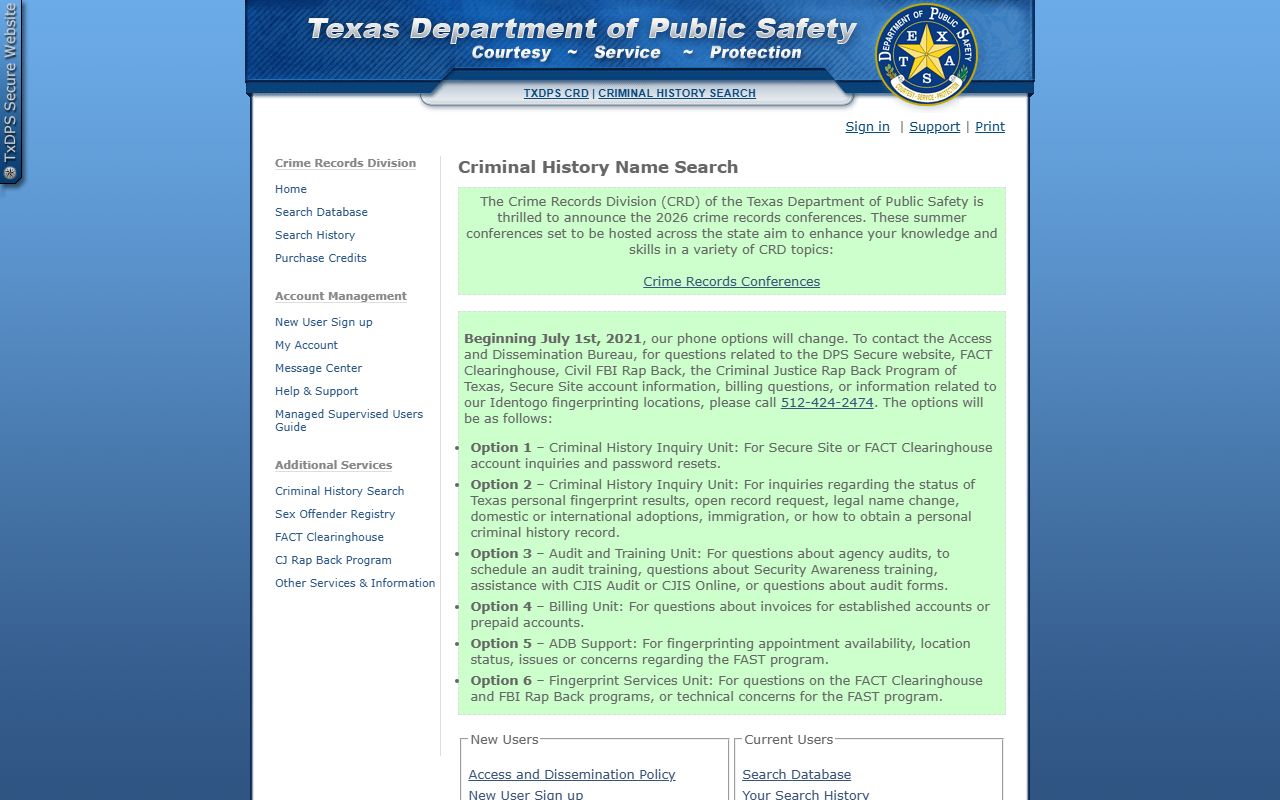 Texas DPS Criminal History Search portal