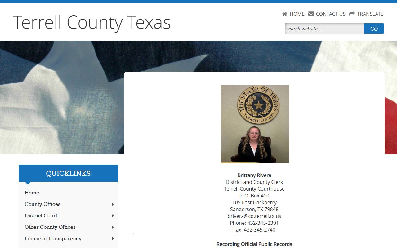 Terrell County County and District Clerk page for Brittany Rivera